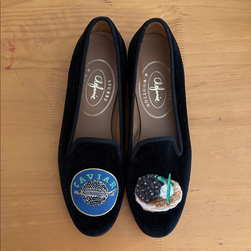 Stubbs & Wootton Black Velvet Flats with Embroidery